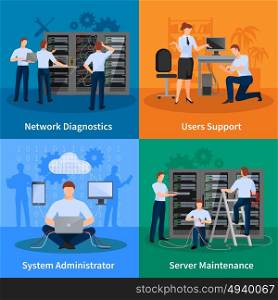 IT Administrator 2x2 Design Concept. Network engineer and it administrator 2x2 design concept set of network diagnostics users support and server maintenance elements vector illustration