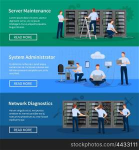 IT Administrator Horizontal Banners . IT administrator horizontal banners with network engineers working in server room for hardware diagnostic flat vector illustration