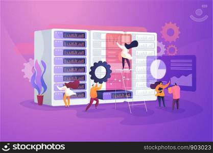 IT administrators working in server room. Service maintenance. System administration, network upkeeping, computer systems configuration concept. Vector isolated concept creative illustration. System administration concept vector illustration