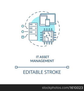 IT asset management concept icon. AM type idea thin line illustration. Business processes and practices. Organization values information. Vector isolated outline RGB color drawing. Editable stroke. IT asset management concept icon
