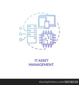 IT asset management concept icon. AM type idea thin line illustration. Hardware, software. Business processes and practices. Organization values information. Vector isolated outline RGB color drawing. IT asset management concept icon