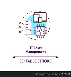 IT asset management concept icon. AM type idea thin line illustration. Hardware, software systems. Organization values information. Vector isolated outline RGB color drawing. Editable stroke. IT asset management concept icon