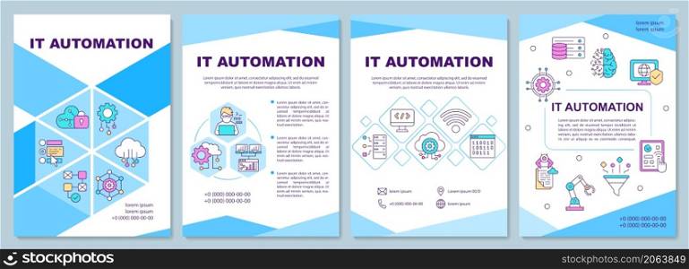 IT automation brochure template. Computer program. Booklet print design with linear icons. Vector layouts for presentation, annual reports, ads. Arial Black, Myriad Pro Regular fonts used. IT automation brochure template