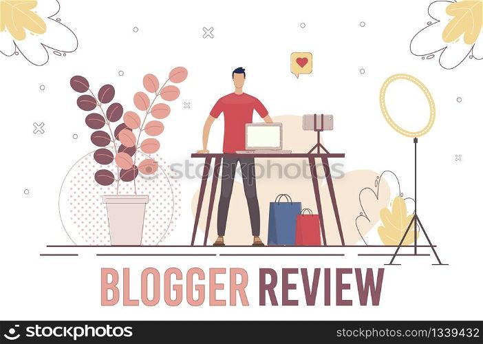 IT Blogger Consumer Electronics Products Review Concept. Man Testing Laptop, Recording Video, Promoting Gadget to Subscribers or Followers, Recommending to Audience Trendy Flat Vector Illustration