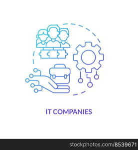 IT companies blue gradient concept icon. Startup assistance type abstract idea thin line illustration. Tech support. Computer system maintenance. Isolated outline drawing. Myriad Pro-Bold font used. IT companies blue gradient concept icon