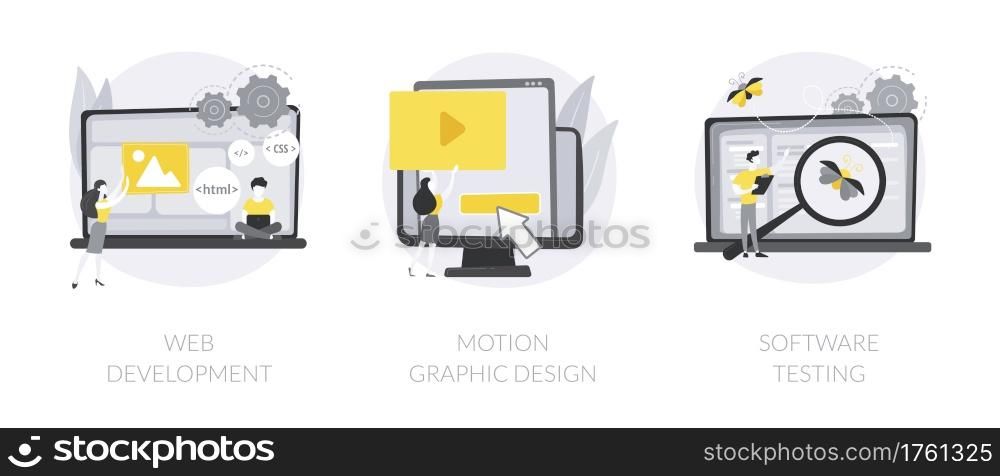 IT company service abstract concept vector illustration set. Web development, motion graphic design, software testing, application coding, UI and UX design, QA team, bug fixing abstract metaphor.. IT company service abstract concept vector illustrations.