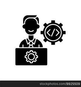 IT department black glyph icon. Computer network systems installation and maintenance. Responsibility for hardware, software. Silhouette symbol on white space. Vector isolated illustration. IT department black glyph icon
