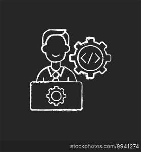 IT department chalk white icon on black background. Computer network systems installation and maintenance. Responsibility for hardware, software. Isolated vector chalkboard illustration. IT department chalk white icon on black background