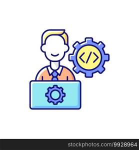 IT department RGB color icon. Computer network systems installation and maintenance. Responsibility for hardware, software. Maintaining information technology services. Isolated vector illustration. IT department RGB color icon
