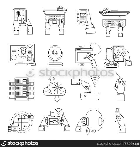 It devices and cloud computing icons line set isolated vector illustration. It Devices Icons Line