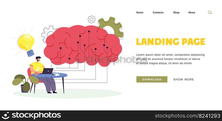 IT engineer working with computer using digital data. Process of creating big artificial mind connected in one circuit vector illustration. Science learning, education and AI concept for header banner 