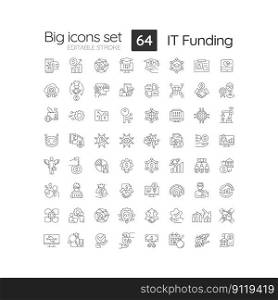 IT funding linear icons set. Investment in software development. Financial resources of technology development. Customizable thin line symbols. Isolated vector outline illustrations. Editable stroke. IT funding linear icons set