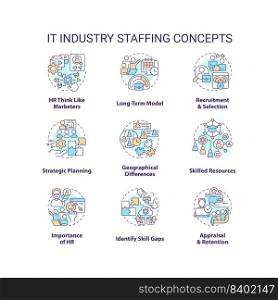 IT industry staffing concept icons set. Human resource department. Select candidate idea thin line color illustrations. Isolated symbols. Editable stroke. Roboto-Medium, Myriad Pro-Bold fonts used. IT industry staffing concept icons set