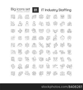 IT industry staffing linear icons set. HR department. Hiring process. Searching talents. Company recruitment. Customizable thin line symbols. Isolated vector outline illustrations. Editable stroke. IT industry staffing linear icons set