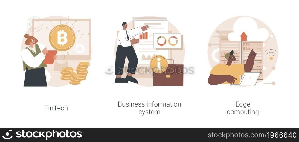 IT infrastructure and technology integration abstract concept vector illustration set. FinTech technology, business information system, edge computing, payment processing, network abstract metaphor.. IT infrastructure and technology integration abstract concept vector illustrations.