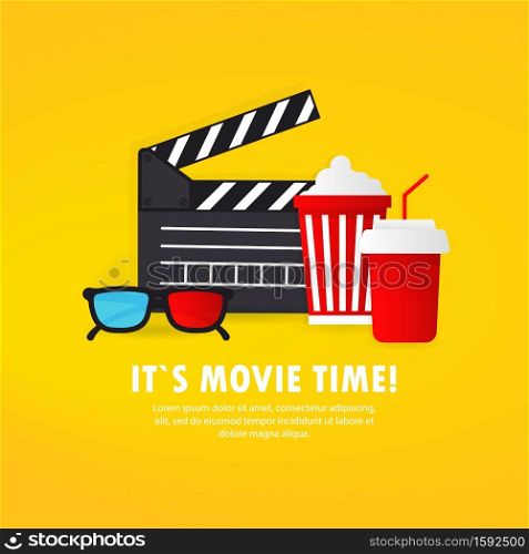 It is movie time banner. Film. Cinema banner. Greating card. Vector on isolated white background. EPS 10.. It is movie time banner. Film. Cinema banner. Greating card. Vector on isolated white background. EPS 10