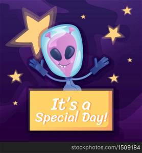 It is special day social media post mockup. Greeting phrase. Web banner design template. Smiling alien booster, content layout with inscription. Poster, print ads and flat illustration