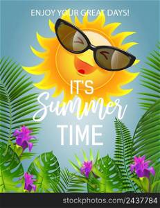 It is summer time lettering with smiling sun in sunglasses. Summer offer design. Handwritten and typed text, calligraphy. For leaflets, brochures, invitations, posters or banners.