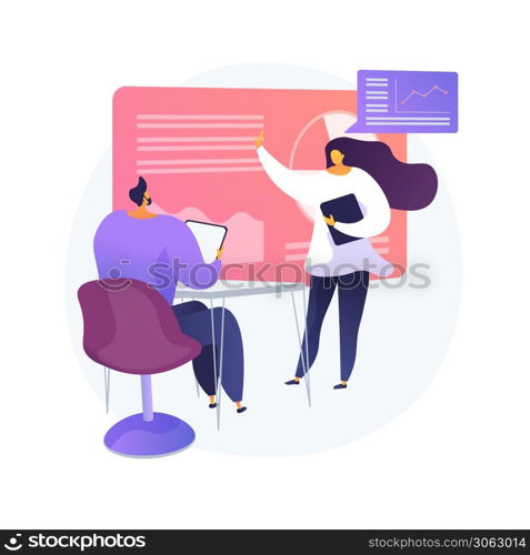 IT management mentorship. Workflow optimization, company performance stats, digital data analysis. Female mentor teaching top manager computer skills. Vector isolated concept metaphor illustration. IT management courses vector concept metaphor