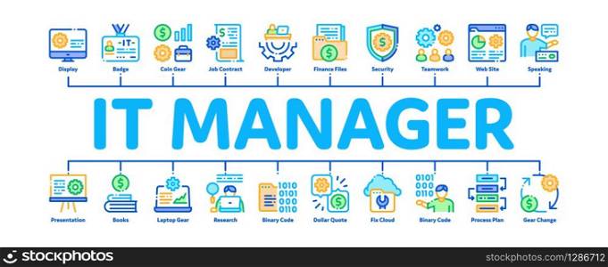 It Manager Developer Minimal Infographic Web Banner Vector. It Manager Badge And Binary Code, Web Site Development And Programming Illustrations. It Manager Developer Minimal Infographic Banner Vector
