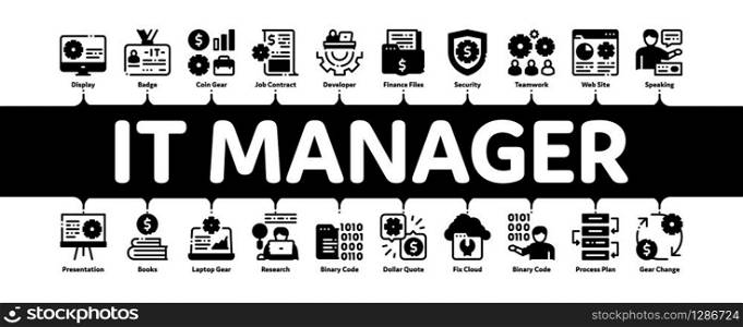 It Manager Developer Minimal Infographic Web Banner Vector. It Manager Badge And Binary Code, Web Site Development And Programming Illustrations. It Manager Developer Minimal Infographic Banner Vector