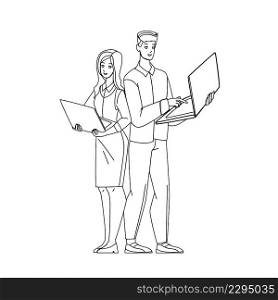 it manager man woman. work team. Black Line Pencil Drawing Vector. office project. teamwork strategy. company job character web Illustration. it manager vector