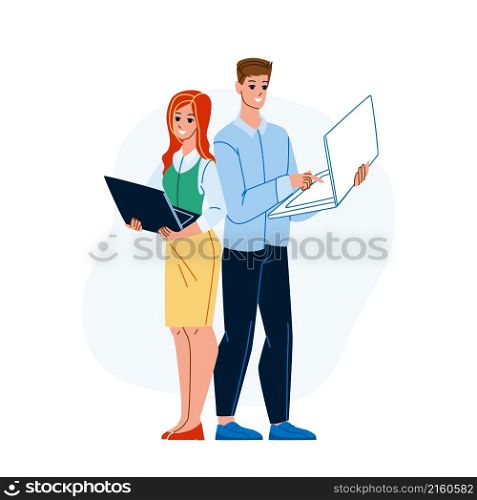 it manager man woman. work team. office project. teamwork strategy. company job character web flat cartoon illustration. it manager vector