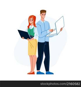 it manager man woman. work team. office project. teamwork strategy. company job character web flat cartoon illustration. it manager vector