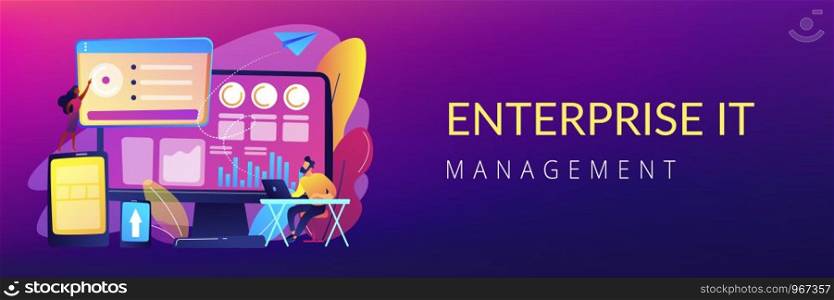 IT managers integrate technologies into business operations. Enterprise IT management, IT software solutions, enterprise architecture concept. Header or footer banner template with copy space.. Enterprise IT management concept banner header.