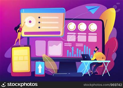 IT managers integrate technologies into business operations. Enterprise IT management, IT software solutions, enterprise architecture concept. Bright vibrant violet vector isolated illustration. Enterprise IT management concept vector illustration.