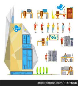 IT Office Constructor Set. Isolated software development office elements set with decorative building furniture icons and soft engineer flat characters vector illustration