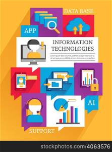 IT poster with flat colored elements promoting operators support cloud technologies data exchange and smartphone apps vector illustration . Information Technologies Poster