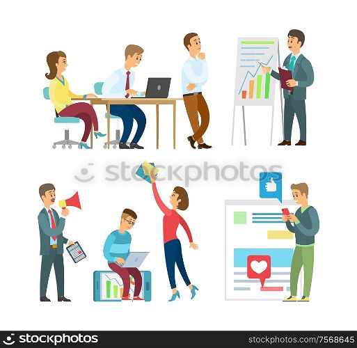 IT programmers and business office workers teams vector. Boss and employees discussing financial graphic, online mobile app development, modern technology. Business Office Workers and IT Programmers Teams