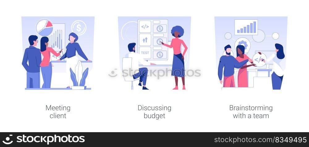IT project management isolated concept vector illustration set. Meeting client, discussing budget, brainstorming and briefing with team, software development, teamwork organization vector cartoon.. IT project management isolated concept vector illustrations.