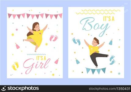 It&rsquo;s a Girl and Its a Boy Baby Shower Cards. Invitation Flyers for Newborn Birthday Event. Happy Children Dancing on White Background with Festive Decoration Flags. Cartoon Flat Vector Illustration. It&rsquo;s a Girl and It&rsquo;s a Boy Baby Shower Cards.