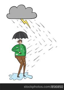 It's raining and the man gets wet even though he opens an umbrella. Black outlines and colored.