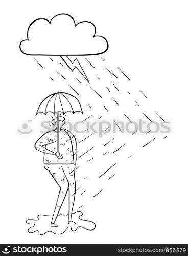 It's raining and the man gets wet even though he opens an umbrella. Black outlines and white.