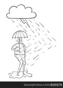 It's raining and the man gets wet even though he opens an umbrella. Black outlines and white.