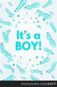 It's a boy announcement with pink paper serpentine streamers and metallic confetti