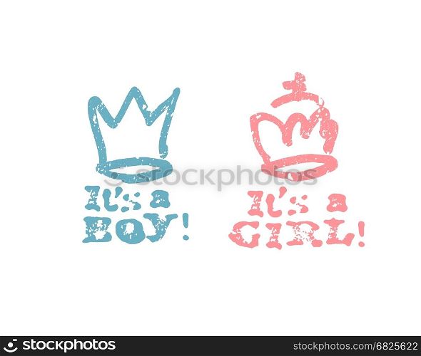 It's a boy lettering, it's a girl lettering. Baby shower party design element. Vector greeting badges.