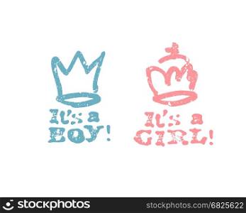 It's a boy lettering, it's a girl lettering. Baby shower party design element. Vector greeting badges.