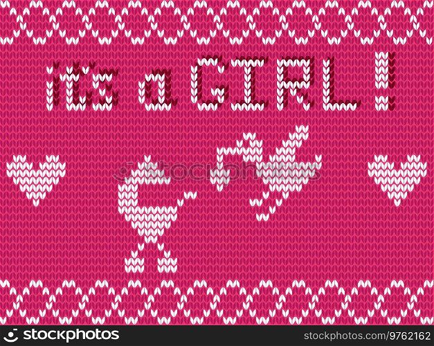 It s a girl Baby shower invitation for girl. Knitting vector illustration of baby stroller, stork, hearts and text it s a girl on rose seamless knitted background.. Its a girl. Baby shower invitation for girl.