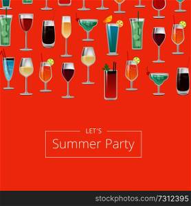 It s summer party cocktails poster with different long drinks decorated by umbrellas and straws isolated on orange background vector illustration banner. Party Cocktails Poster with Different Long Drinks