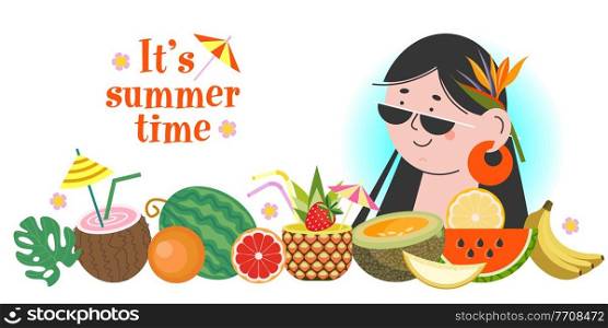 It’s summer time. Summer vector horizontal banner, illustration with a happy girl and fresh fruit. Summer vacation, joy, delicious and healthy food, fresh fruit, healthy lifestyle.. Summer vector horizontal banner, illustration with a happy girl and fresh fruit.