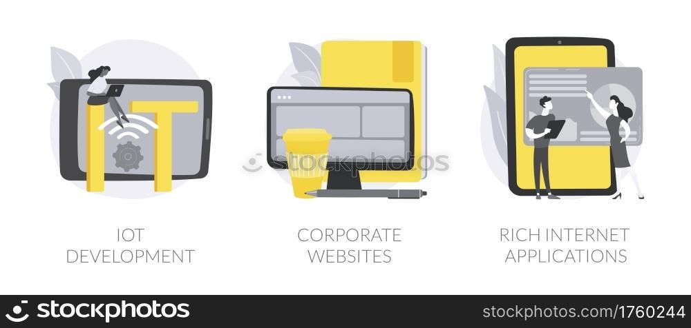 IT services abstract concept vector illustration set. IoT development, corporate website, rich Internet applications, web development, Internet of things, user interaction design abstract metaphor.. IT services abstract concept vector illustrations.
