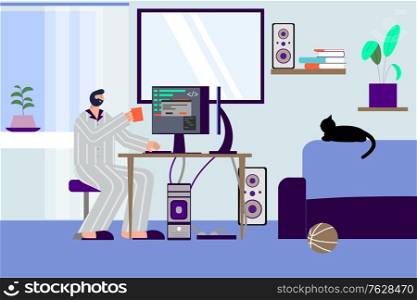 It specialist freelancer flat composition with indoor scenery of programmers living room with pc and cat vector illustration