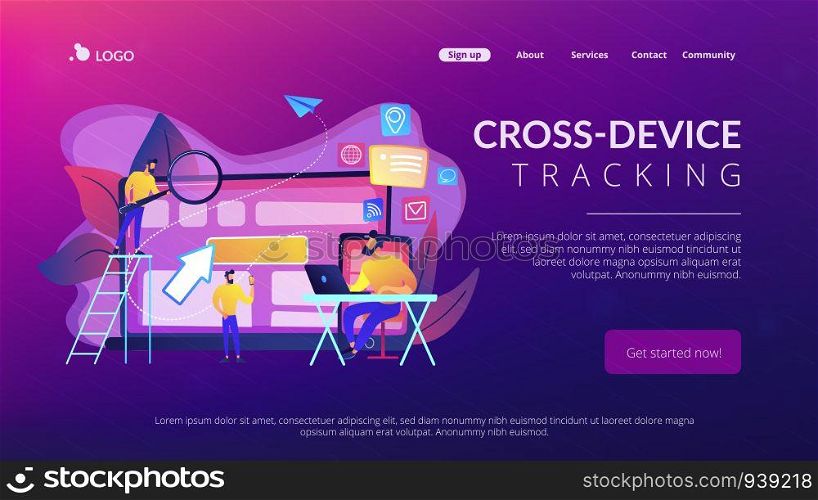 IT specialist identify user across mobile, laptop and tablet. Cross-device tracking and capability, cross-device using concept on white background. Website vibrant violet landing web page template.. Cross-device tracking concept landing page.