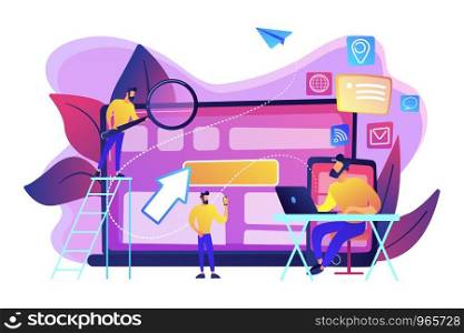 IT specialist identify user across mobile, laptop and tablet. Cross-device tracking and capability, cross-device using concept on white background. Bright vibrant violet vector isolated illustration. Cross-device tracking concept vector illustration.