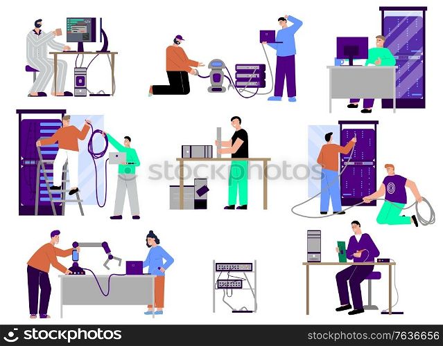 It specialist set of flat isolated icons characters of programmers technicians and servers with personal computers vector illustration