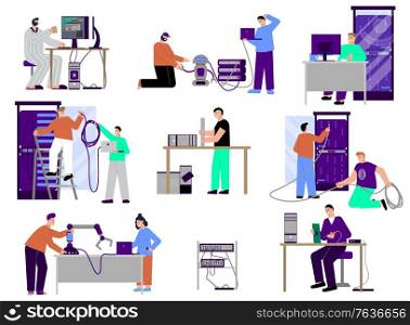 It specialist set of flat isolated icons characters of programmers technicians and servers with personal computers vector illustration